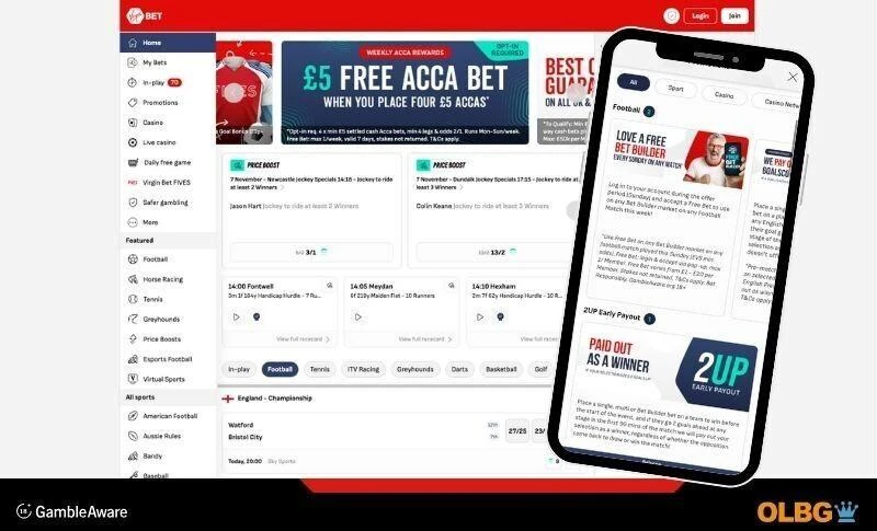 The light red and grey theme of Virginbet clearly on display in these screenshots of the desktop and mobile version of the Virginbet betting site. The desktop view shows the home page and initial betting platform whilst the mobile view shows the promotions page.